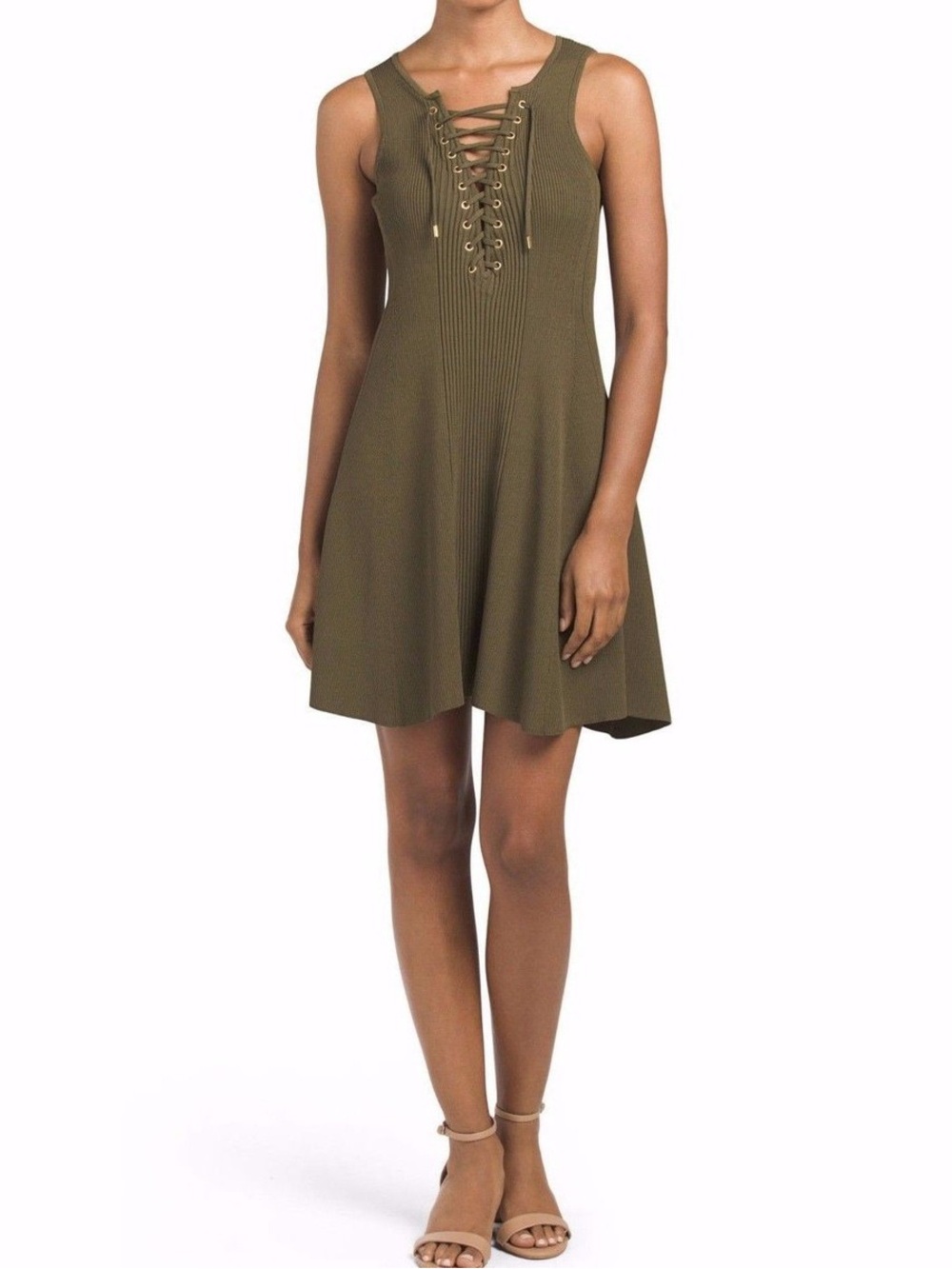 Torn by Ronny Kobo Lace Up Knit Ribbed Stretchy Dress Military Olive Green sz M
